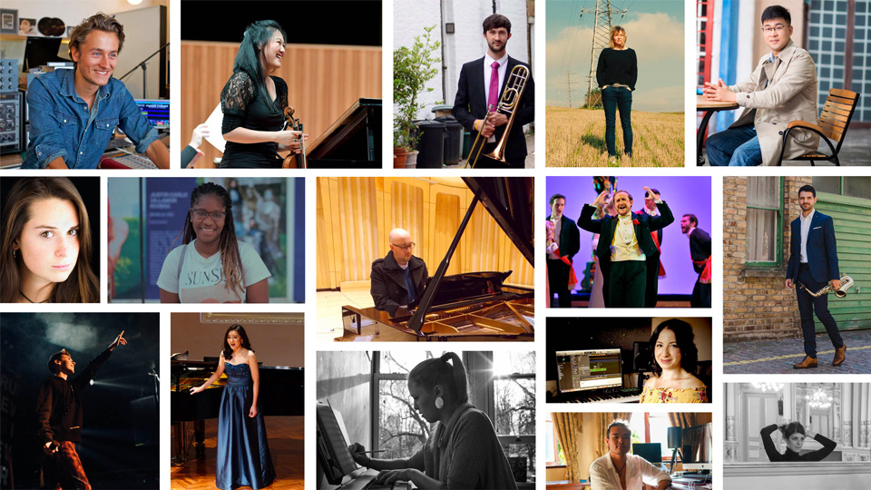 A coloured collage of 16 past Alumni Royal College of Music students. 
